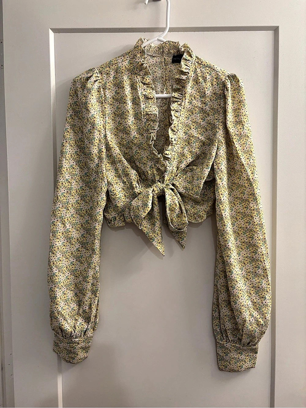 PrettyLittleThing Floral Tie-Front Blouse Yellow & Blue Size 8